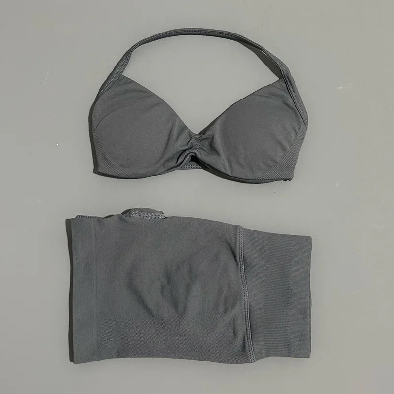 2 Pieces HISTELLO Sports Set Seamless Strappy Yoga Bra High Waist Scrunch Shorts Breathable Elastic Gym Workout Fitness Clothes