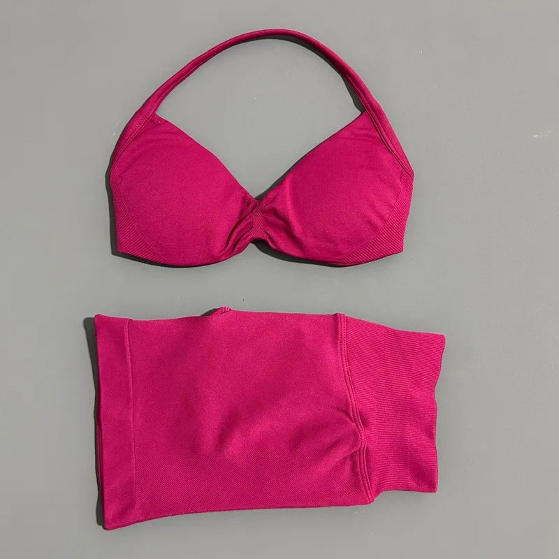 2 Pieces HISTELLO Sports Set Seamless Strappy Yoga Bra High Waist Scrunch Shorts Breathable Elastic Gym Workout Fitness Clothes