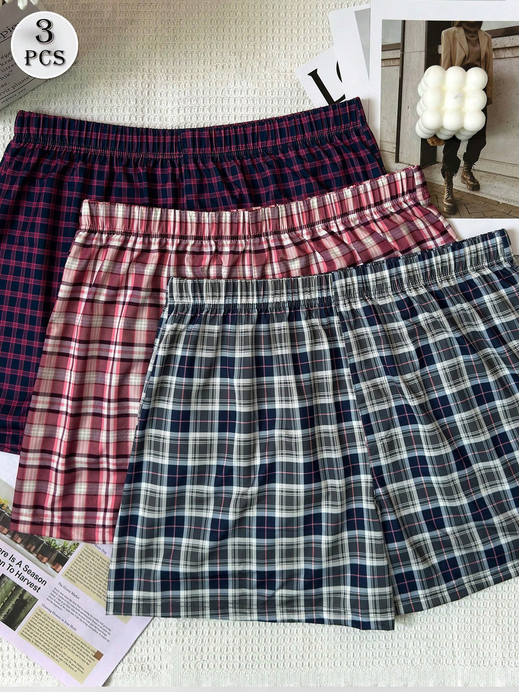3Pcs/Set Men'S Thin Plaid Print Elastic Comfortable Boxer Briefs, Breathable Loose Waistband Shorts, Multi-Color Sleepwear Underwear