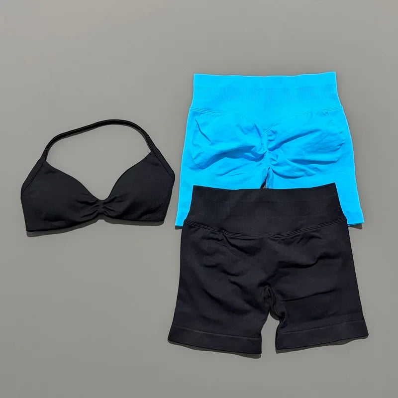 2 Pieces HISTELLO Sports Set Seamless Strappy Yoga Bra High Waist Scrunch Shorts Breathable Elastic Gym Workout Fitness Clothes