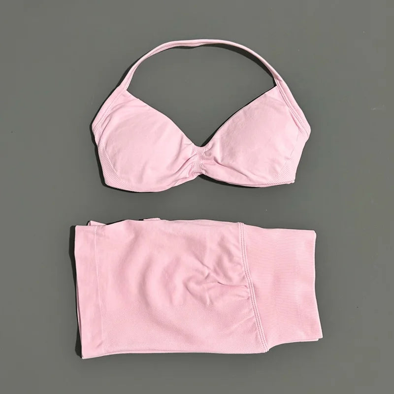 2 Pieces HISTELLO Sports Set Seamless Strappy Yoga Bra High Waist Scrunch Shorts Breathable Elastic Gym Workout Fitness Clothes