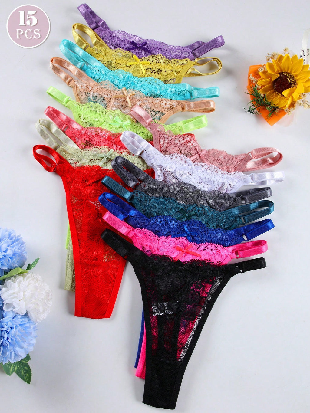 15Pcs/Set Sexy Lace Adjustable Waist G-String/Thong Panties for Women, Candy Colors