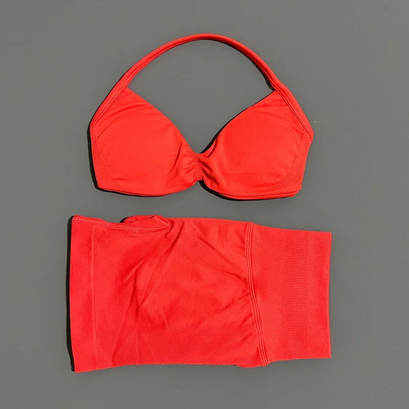 2 Pieces HISTELLO Sports Set Seamless Strappy Yoga Bra High Waist Scrunch Shorts Breathable Elastic Gym Workout Fitness Clothes