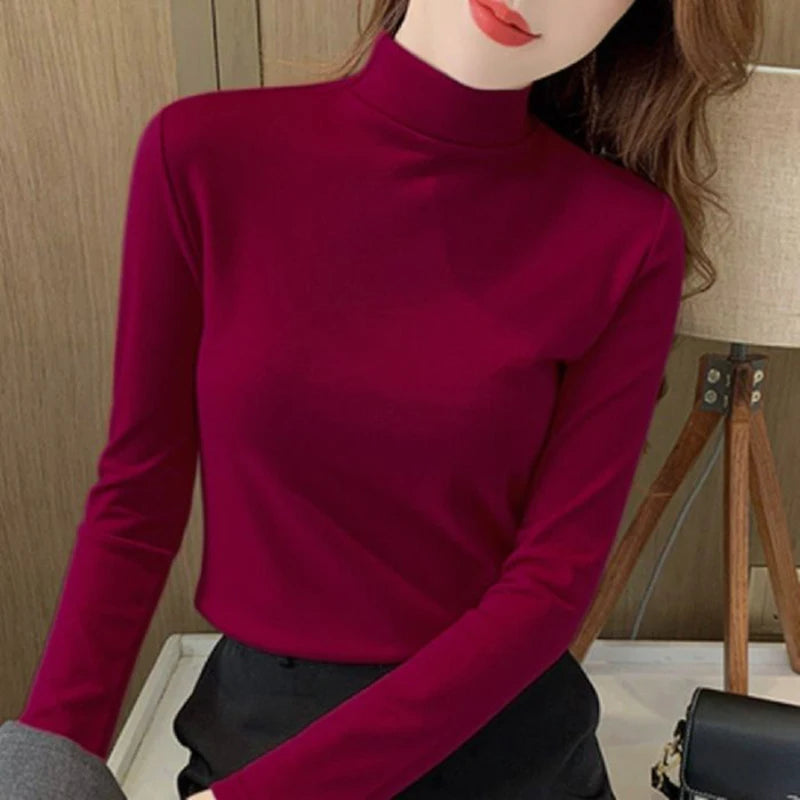 2025 Women Classic Korean Long Sleeve Tops Lady Fashion Thermal Underwear Clothes Female Half High Collar Thin Pullovers