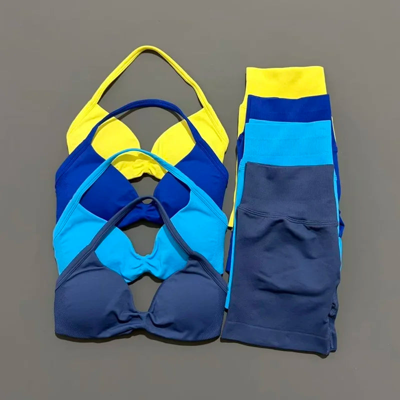 2 Pieces HISTELLO Sports Set Seamless Strappy Yoga Bra High Waist Scrunch Shorts Breathable Elastic Gym Workout Fitness Clothes