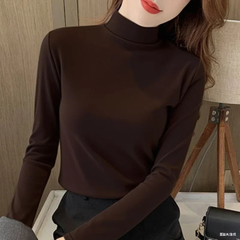 2025 Women Classic Korean Long Sleeve Tops Lady Fashion Thermal Underwear Clothes Female Half High Collar Thin Pullovers